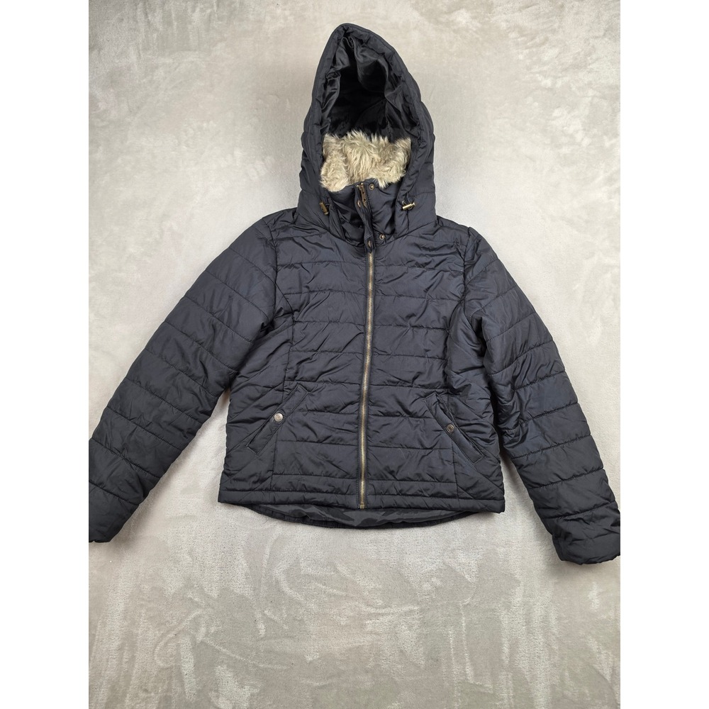 Aeropostale Puffer Jacket Womens Medium Black Faux Fur Trim Hooded Quilted Coat